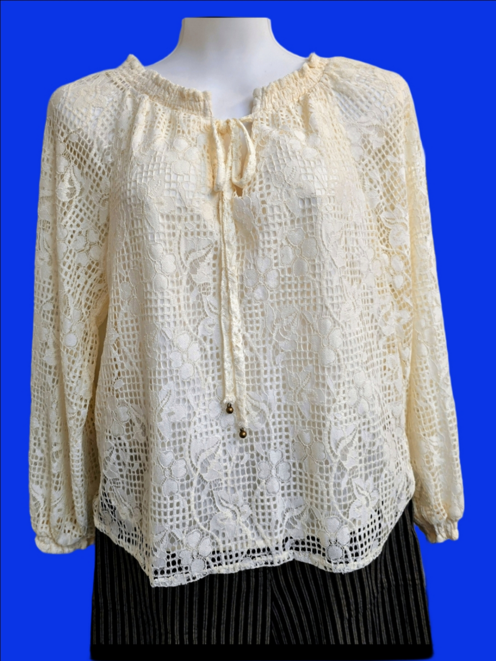 Cream Lace Peasant Blouse with Tie Neck – Women's Lightweight Top